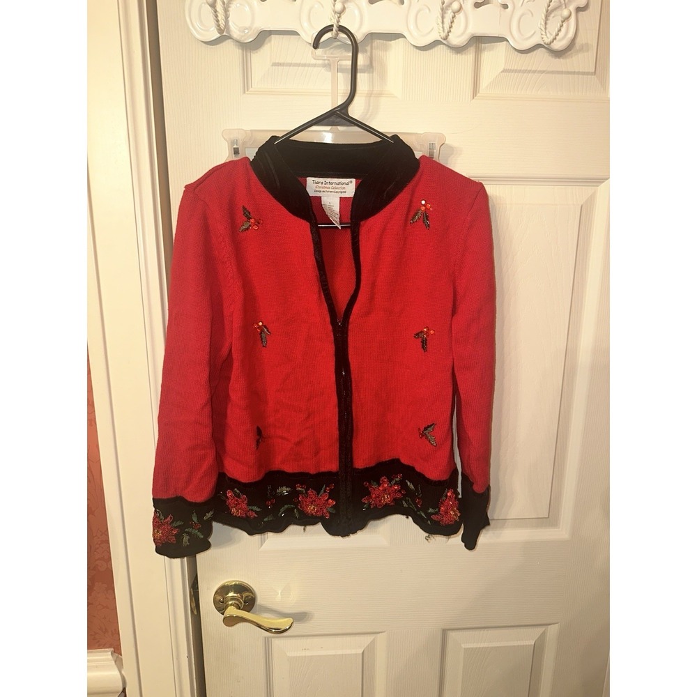 Tiara International Women's Christmas Zip Up Sweater Red And Black Size Large